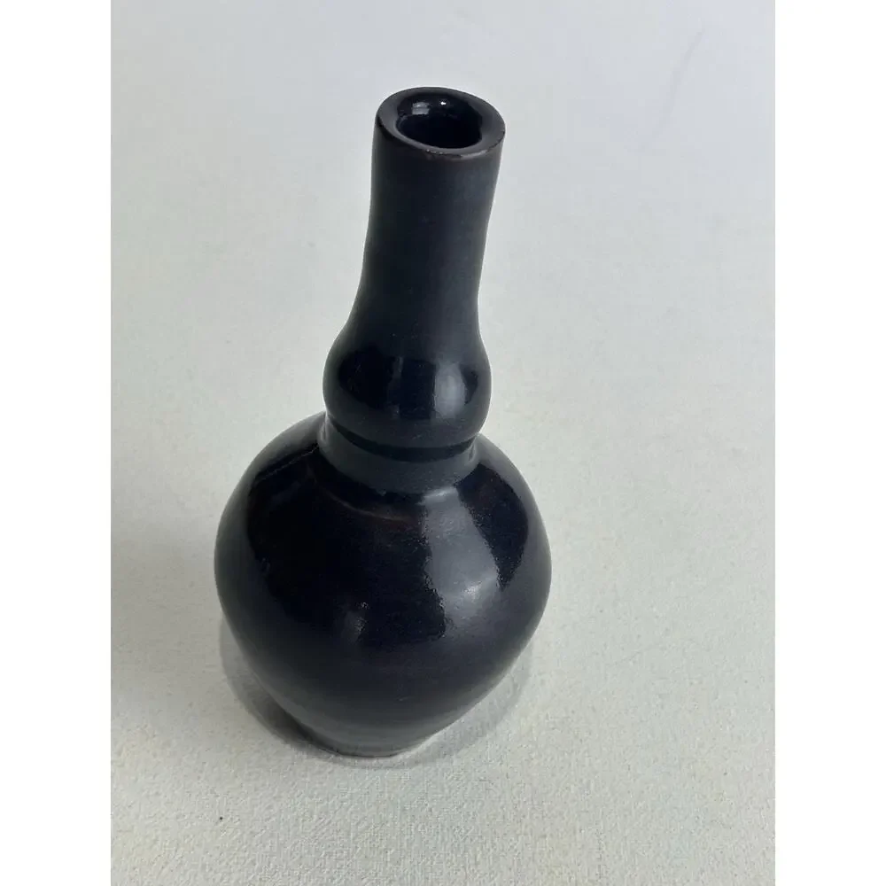 Vintage Signed FR Studio Pottery Vase Black Glaze Mid Century Modern Bud Vase 7